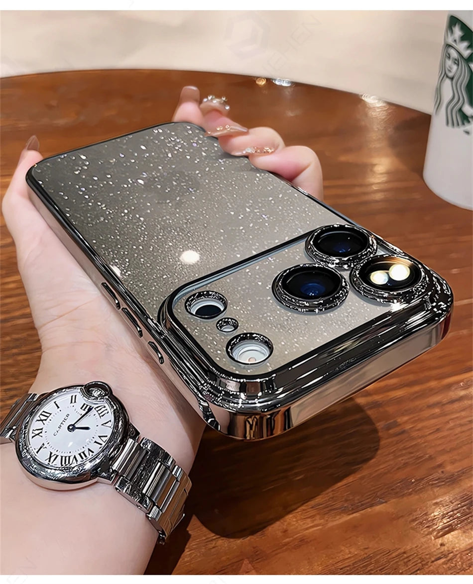 Luxury Transparent Glitter Clear Slim Case For iPhone  15 16 17 Pro Max Orange Pating Bumper Lens Glass Hard Cover