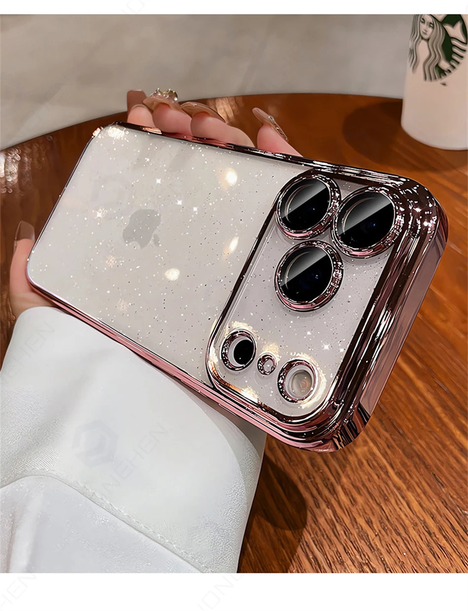 Luxury Transparent Glitter Clear Slim Case For iPhone  15 16 17 Pro Max Orange Pating Bumper Lens Glass Hard Cover