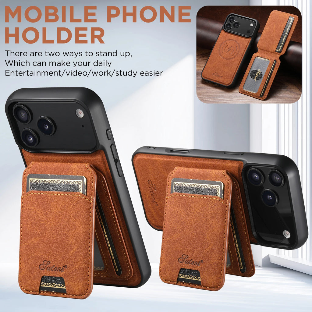 SUTENI Wireless Charging Phone Case Magnet Card Holder Stand Faux Leather For iPhone 17 Pro Max 16 Plus 15 14 13 12