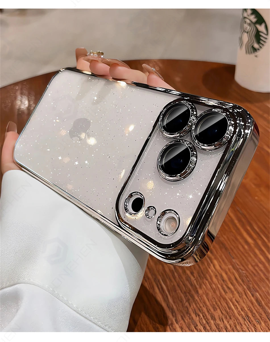 Luxury Transparent Glitter Clear Slim Case For iPhone  15 16 17 Pro Max Orange Pating Bumper Lens Glass Hard Cover