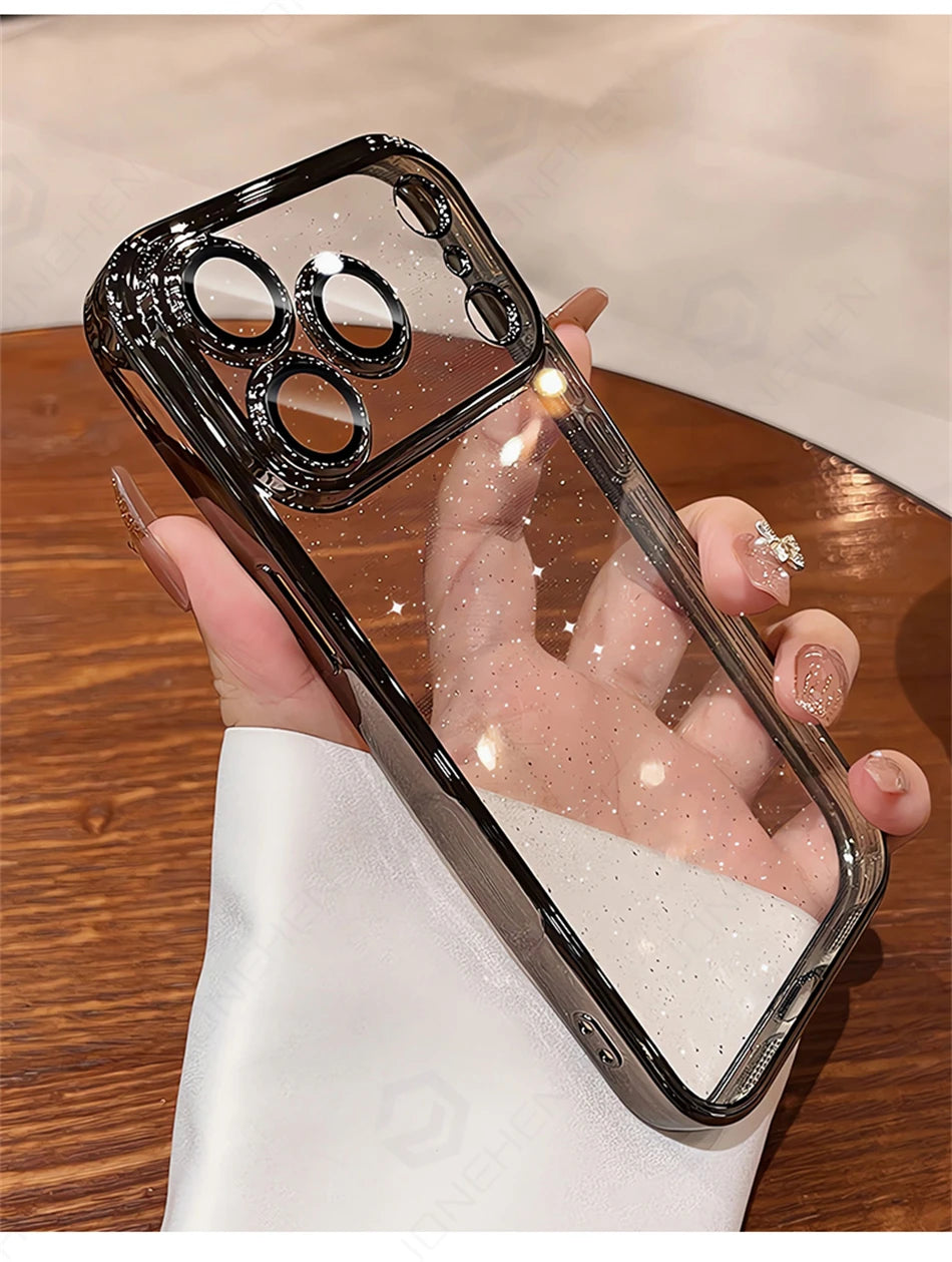 Luxury Transparent Glitter Clear Slim Case For iPhone  15 16 17 Pro Max Orange Pating Bumper Lens Glass Hard Cover