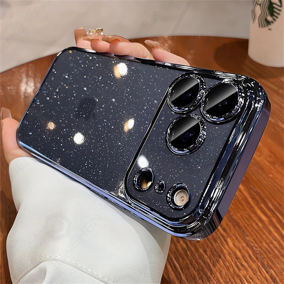 Luxury Transparent Glitter Clear Slim Case For iPhone  15 16 17 Pro Max Orange Pating Bumper Lens Glass Hard Cover