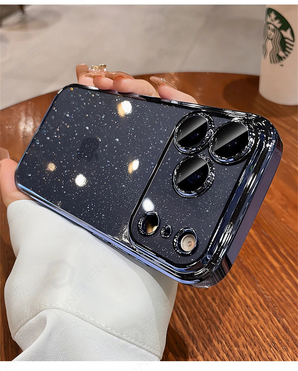 Luxury Transparent Glitter Clear Slim Case For iPhone  15 16 17 Pro Max Orange Pating Bumper Lens Glass Hard Cover