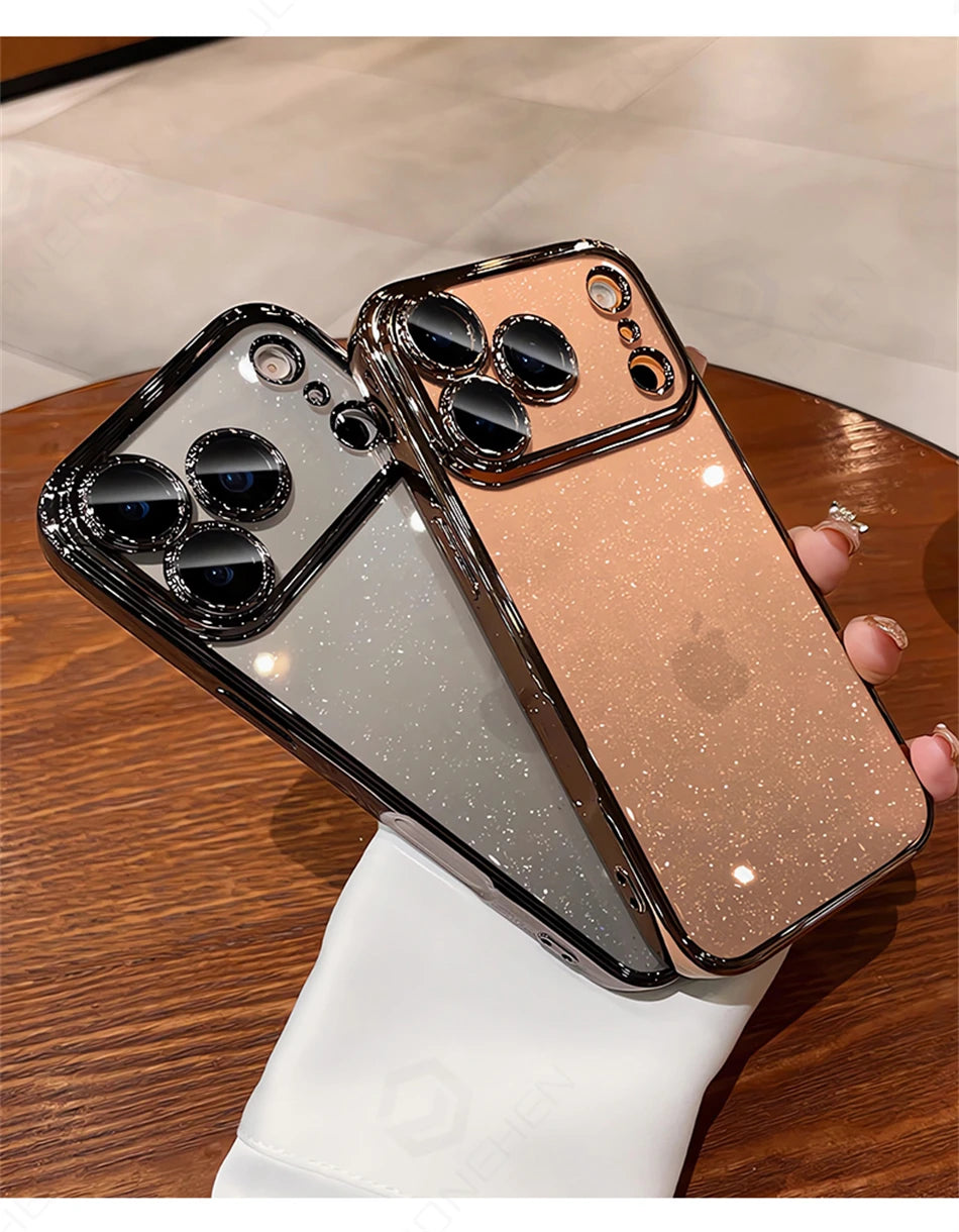 Luxury Transparent Glitter Clear Slim Case For iPhone  15 16 17 Pro Max Orange Pating Bumper Lens Glass Hard Cover