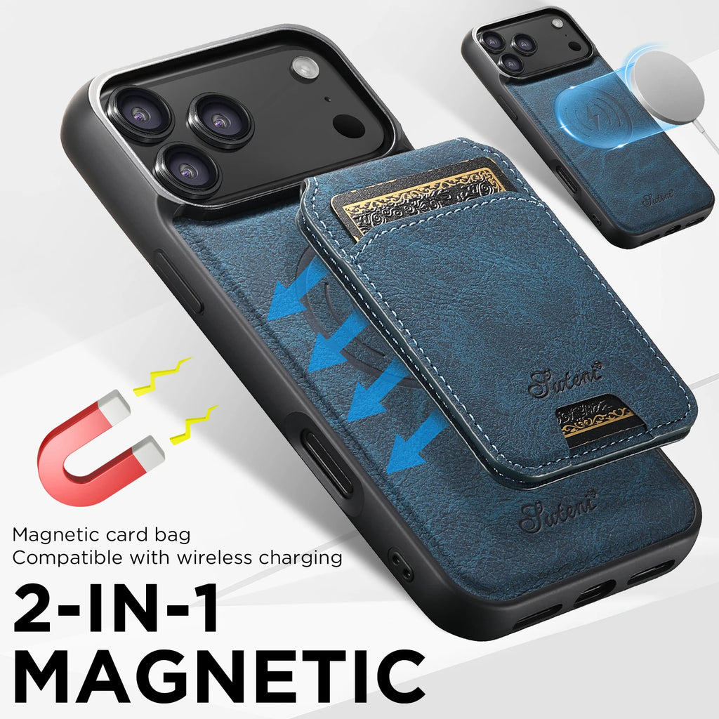 SUTENI Wireless Charging Phone Case Magnet Card Holder Stand Faux Leather For iPhone 17 Pro Max 16 Plus 15 14 13 12