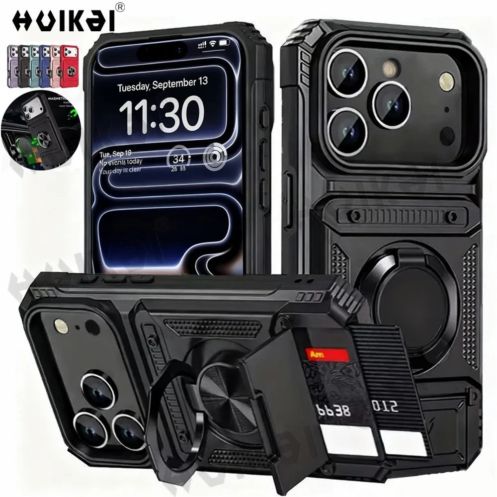 Case For iPhone 17 Pro Max 16 Pro 15 Pro Max Card Holder Magnetic Rotated Ring Kickstand Layer Heavy Shockproof Wallet Covers