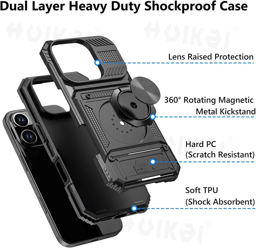 Case For iPhone 17 Pro Max 16 Pro 15 Pro Max Card Holder Magnetic Rotated Ring Kickstand Layer Heavy Shockproof Wallet Covers