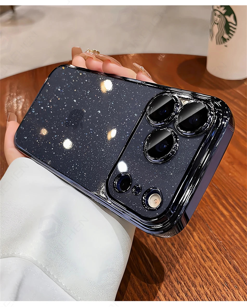 Luxury Transparent Glitter Clear Slim Case For iPhone  15 16 17 Pro Max Orange Pating Bumper Lens Glass Hard Cover