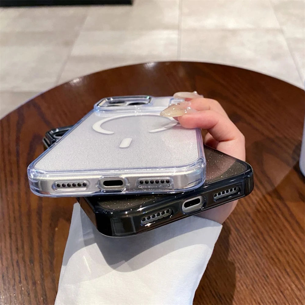 Glitter Magnetic Wireless Charging Candy Color Case for iPhone 17 Pro Max 17 Air for Magsafe Metal Lens Frame Bling Cover Funda