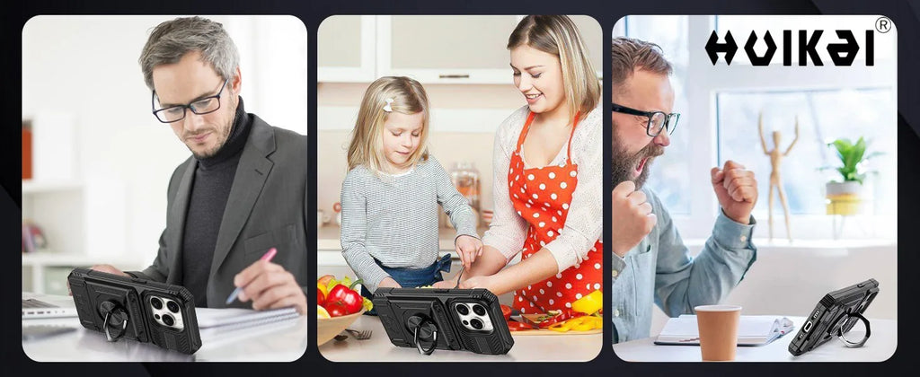 Case For iPhone 17 Pro Max 16 Pro 15 Pro Max Card Holder Magnetic Rotated Ring Kickstand Layer Heavy Shockproof Wallet Covers