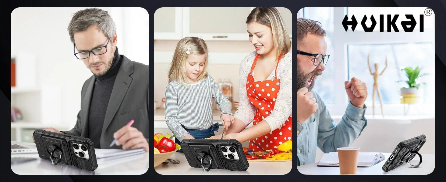 Case For iPhone 17 Pro Max 16 Pro 15 Pro Max Card Holder Magnetic Rotated Ring Kickstand Layer Heavy Shockproof Wallet Covers