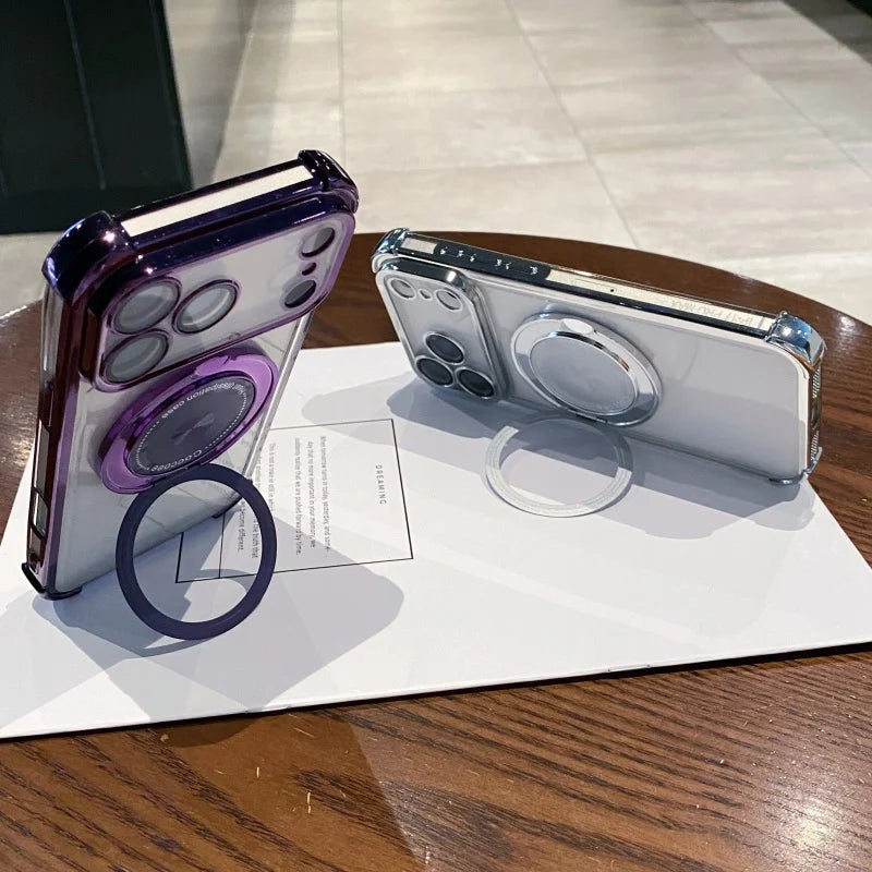 Rotating Stand Wireless Charge Clear Case For iPhone 17 Air 16E 15 14 Plus Pro Max Four Corner Enhance Shockproof Cover