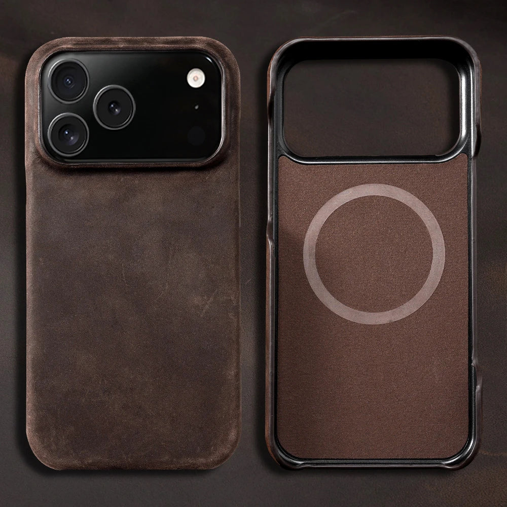 for Magsafe Case for iPhone 15 16 17 Pro Max 17Pro 17 Air 16Pro Retro Luxury Genuine PULL-UP Leather Magnetic Phone Back Cover