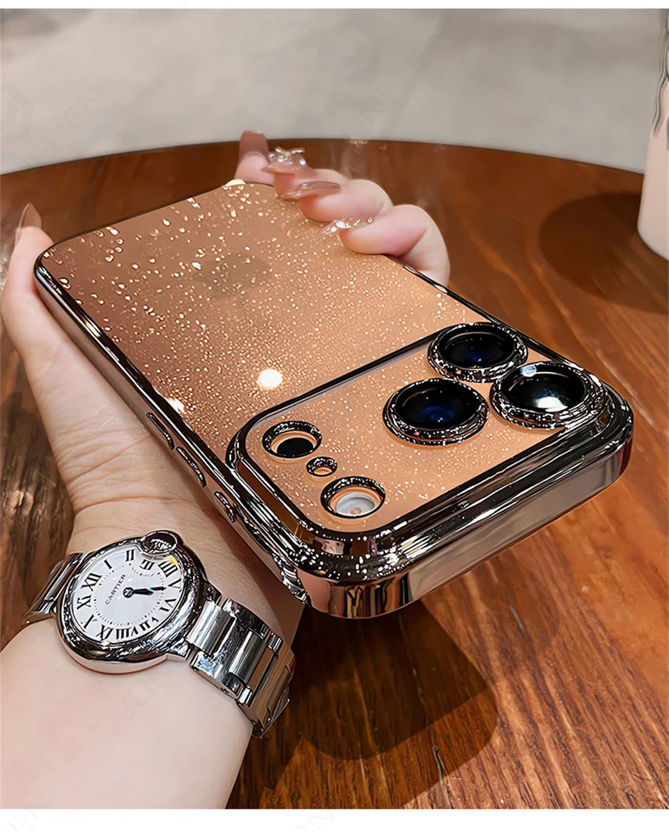 Luxury Transparent Glitter Clear Slim Case For iPhone  15 16 17 Pro Max Orange Pating Bumper Lens Glass Hard Cover