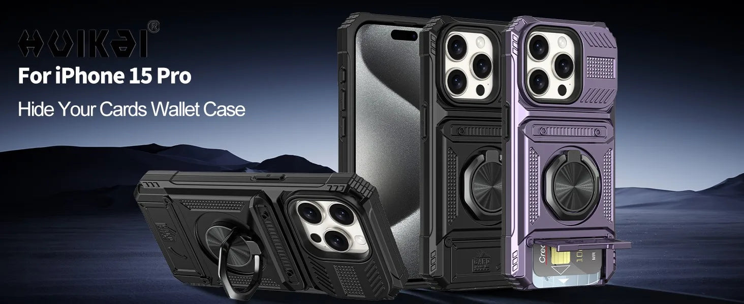 Case For iPhone 17 Pro Max 16 Pro 15 Pro Max Card Holder Magnetic Rotated Ring Kickstand Layer Heavy Shockproof Wallet Covers