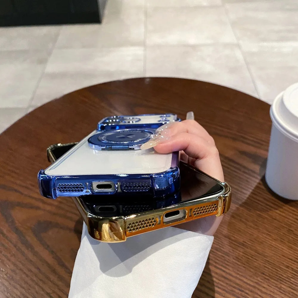 Rotating Stand Wireless Charge Clear Case For iPhone 17 Air 16E 15 14 Plus Pro Max Four Corner Enhance Shockproof Cover