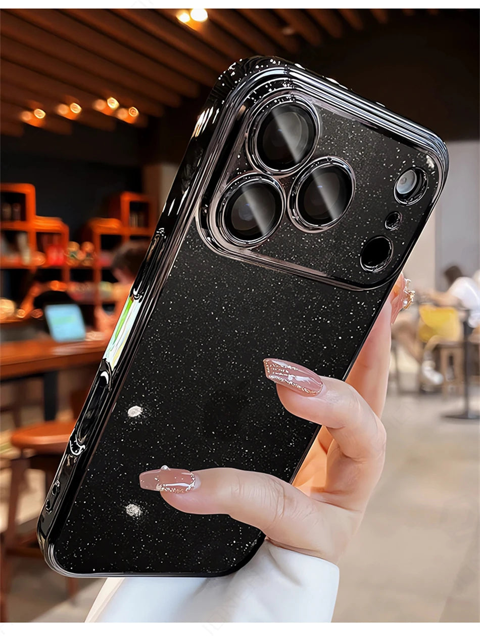 Luxury Transparent Glitter Clear Slim Case For iPhone  15 16 17 Pro Max Orange Pating Bumper Lens Glass Hard Cover