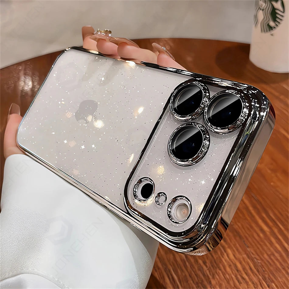 Luxury Transparent Glitter Clear Slim Case For iPhone  15 16 17 Pro Max Orange Pating Bumper Lens Glass Hard Cover