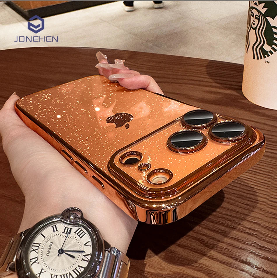 Luxury Transparent Glitter Clear Slim Case For iPhone  15 16 17 Pro Max Orange Pating Bumper Lens Glass Hard Cover
