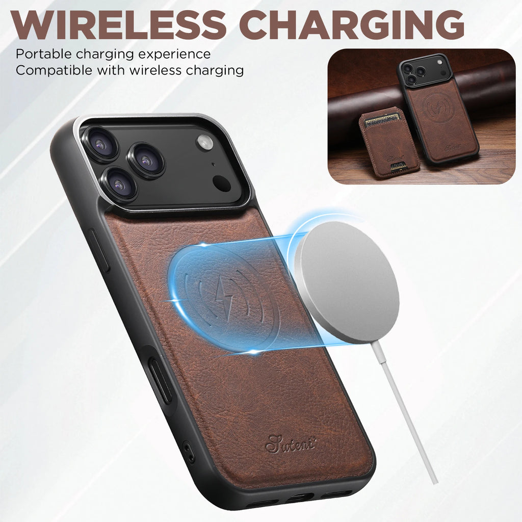 SUTENI Wireless Charging Phone Case Magnet Card Holder Stand Faux Leather For iPhone 17 Pro Max 16 Plus 15 14 13 12