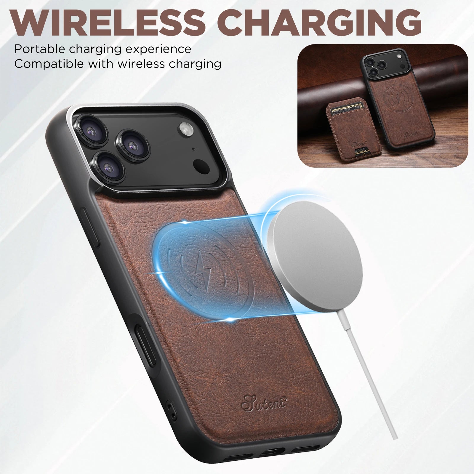 SUTENI Wireless Charging Phone Case Magnet Card Holder Stand Faux Leather For iPhone 17 Pro Max 16 Plus 15 14 13 12