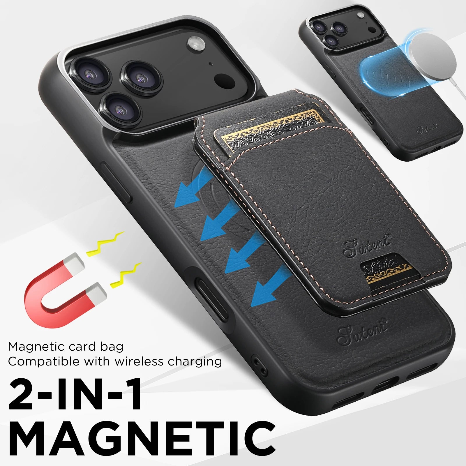 SUTENI Wireless Charging Phone Case Magnet Card Holder Stand Faux Leather For iPhone 17 Pro Max 16 Plus 15 14 13 12