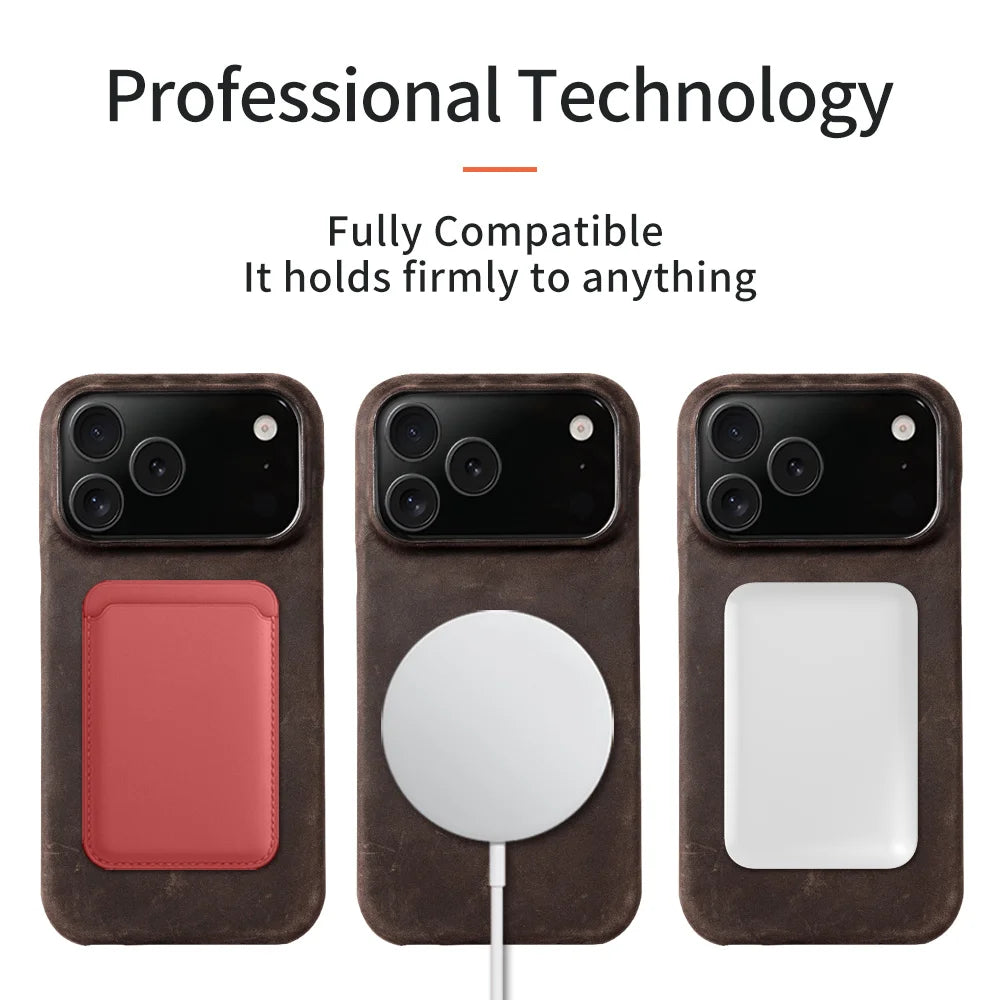 for Magsafe Case for iPhone 15 16 17 Pro Max 17Pro 17 Air 16Pro Retro Luxury Genuine PULL-UP Leather Magnetic Phone Back Cover