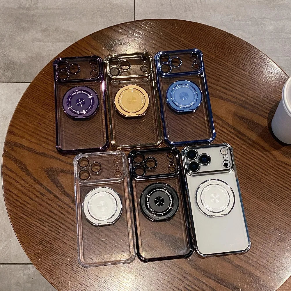 Rotating Stand Wireless Charge Clear Case For iPhone 17 Air 16E 15 14 Plus Pro Max Four Corner Enhance Shockproof Cover