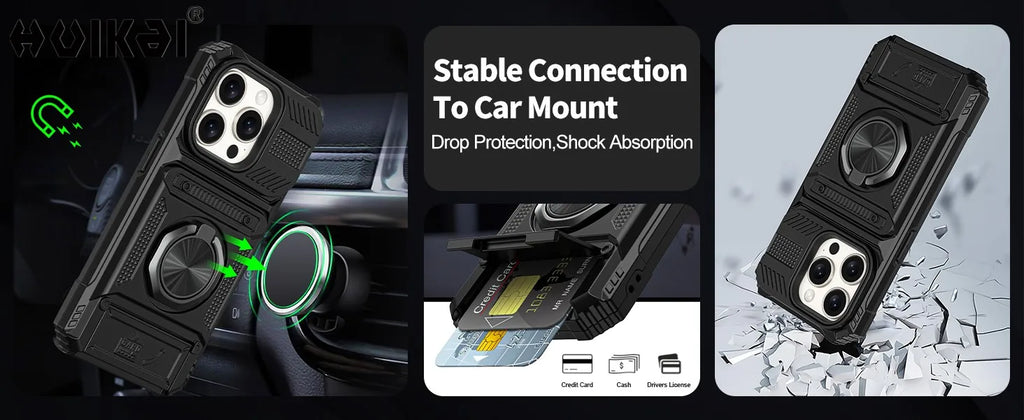 Case For iPhone 17 Pro Max 16 Pro 15 Pro Max Card Holder Magnetic Rotated Ring Kickstand Layer Heavy Shockproof Wallet Covers