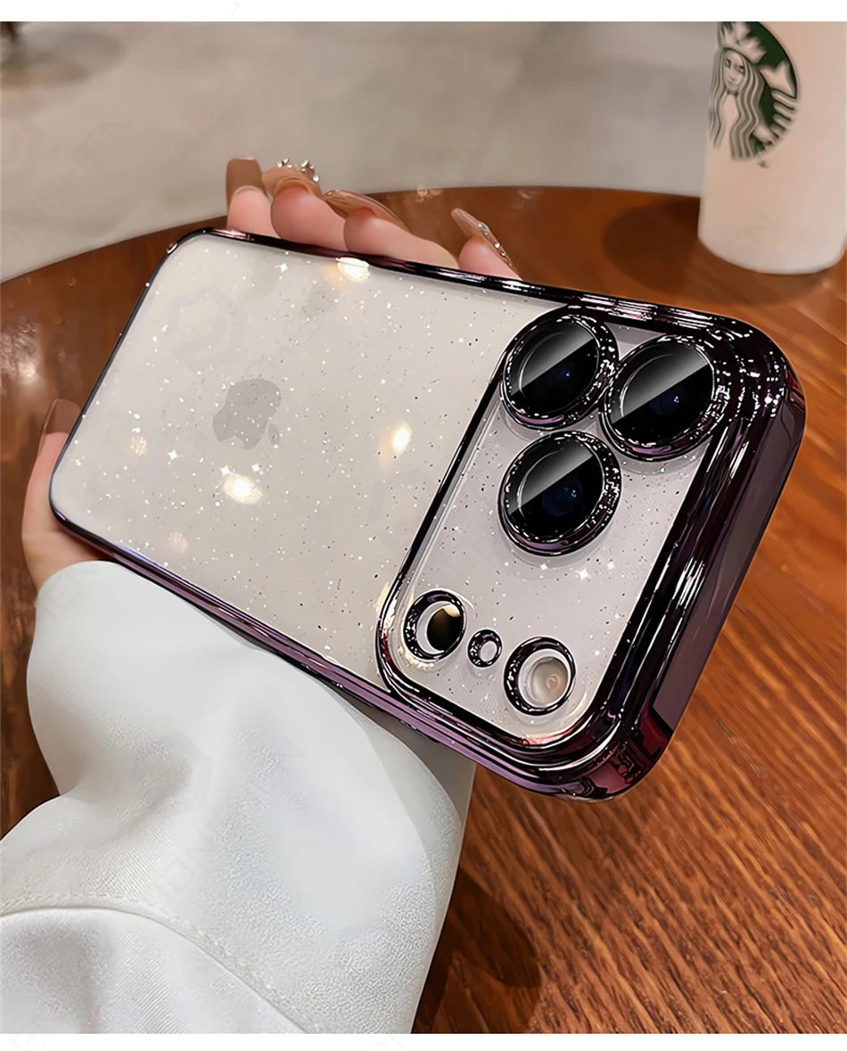 Luxury Transparent Glitter Clear Slim Case For iPhone  15 16 17 Pro Max Orange Pating Bumper Lens Glass Hard Cover