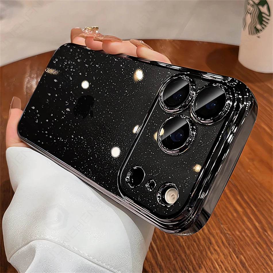 Luxury Transparent Glitter Clear Slim Case For iPhone  15 16 17 Pro Max Orange Pating Bumper Lens Glass Hard Cover