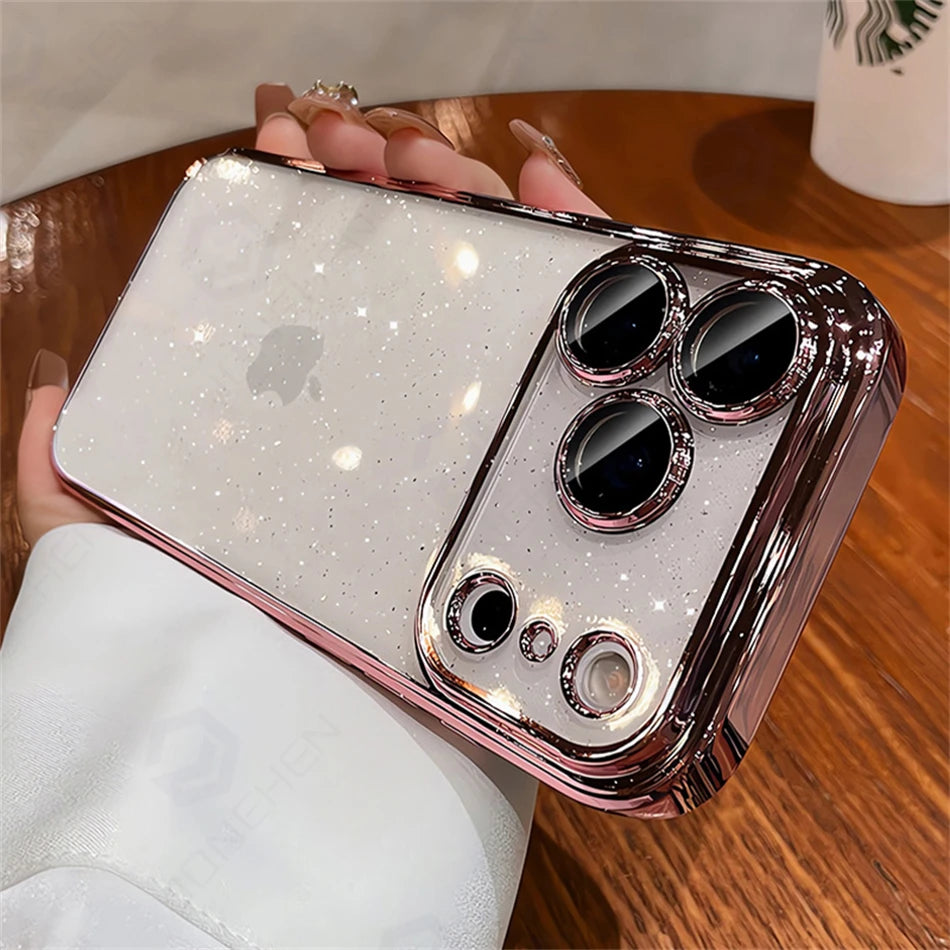 Luxury Transparent Glitter Clear Slim Case For iPhone  15 16 17 Pro Max Orange Pating Bumper Lens Glass Hard Cover