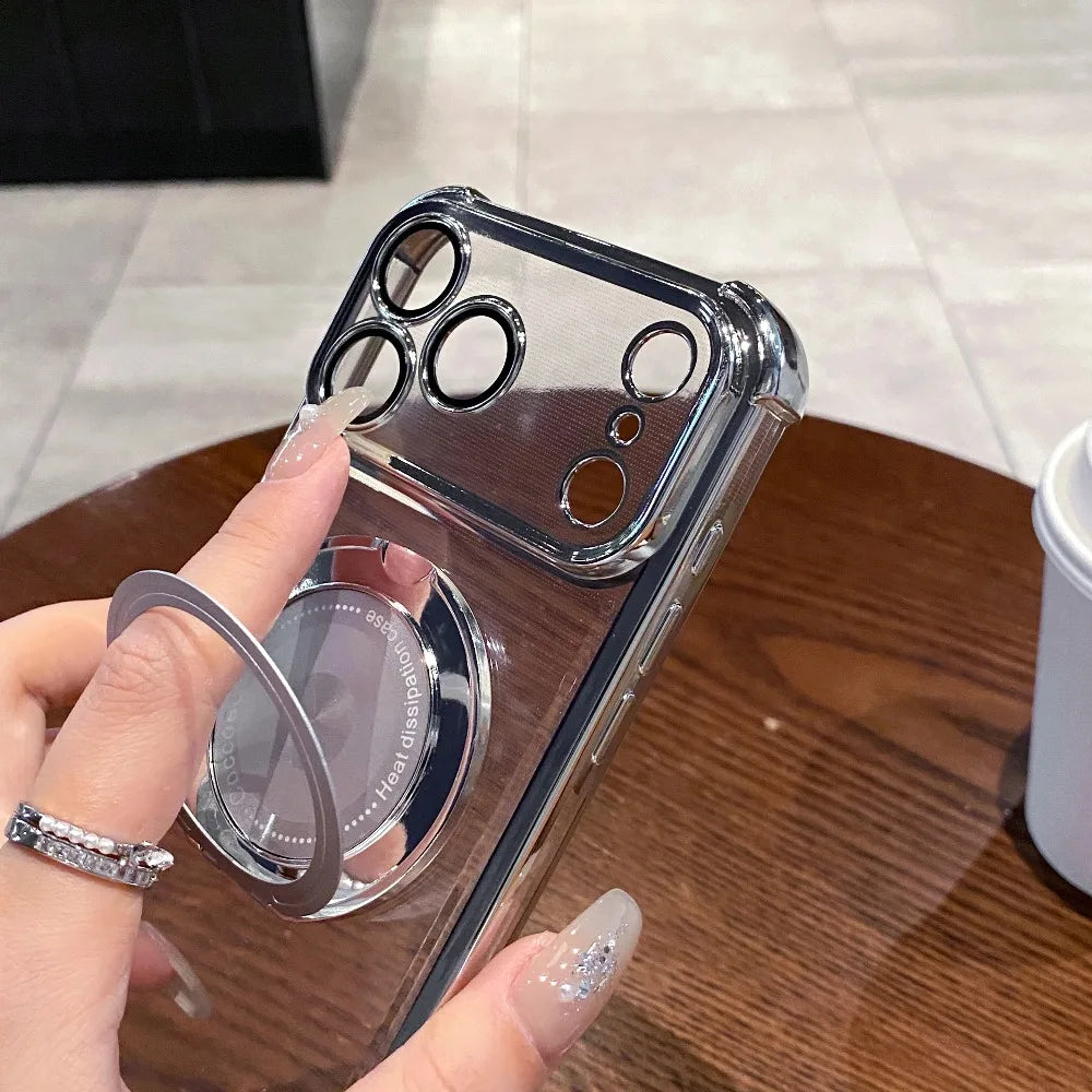 Rotating Stand Wireless Charge Clear Case For iPhone 17 Air 16E 15 14 Plus Pro Max Four Corner Enhance Shockproof Cover