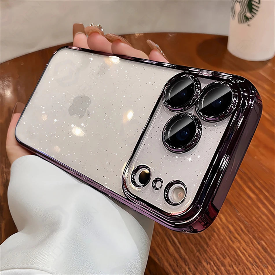 Luxury Transparent Glitter Clear Slim Case For iPhone  15 16 17 Pro Max Orange Pating Bumper Lens Glass Hard Cover