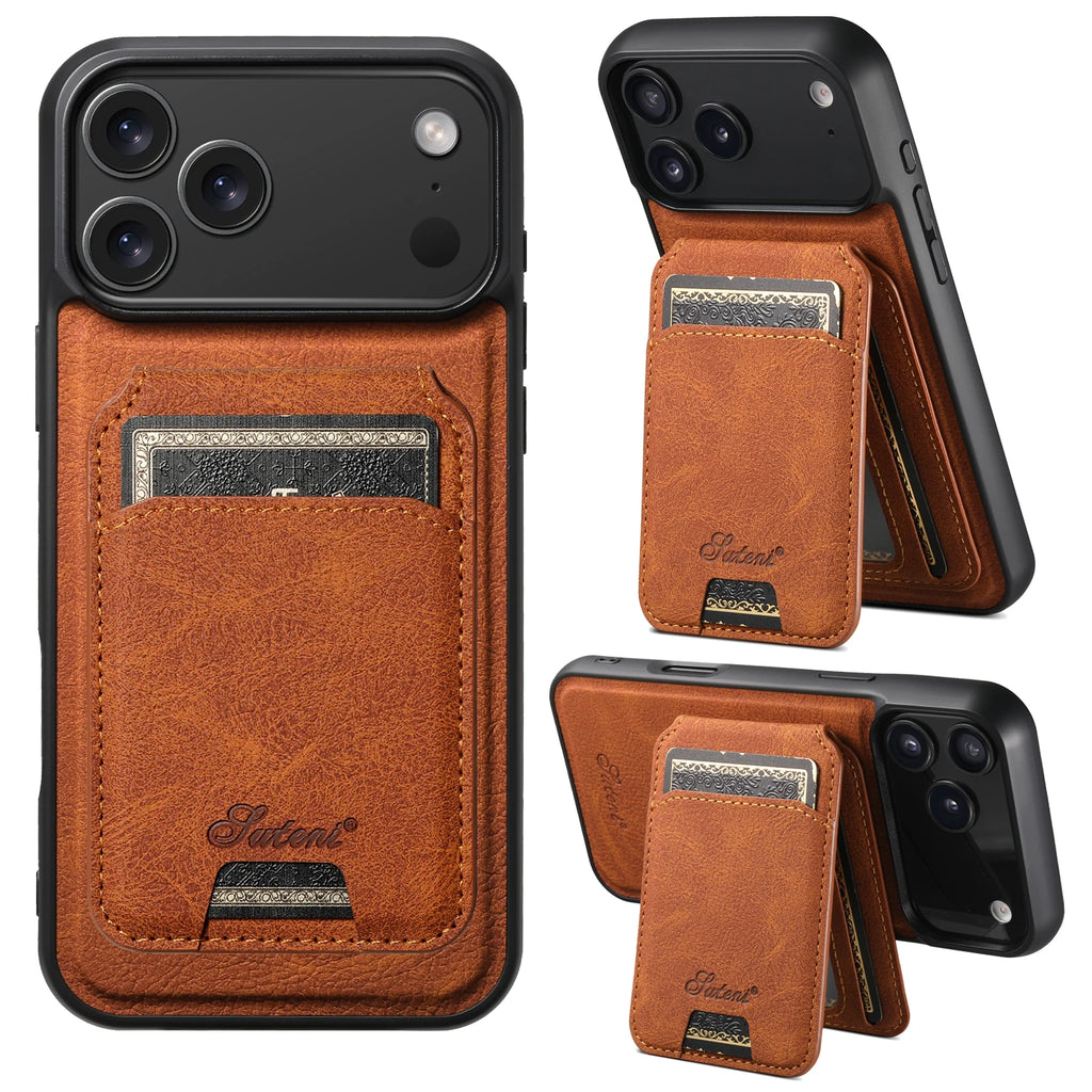 SUTENI Wireless Charging Phone Case Magnet Card Holder Stand Faux Leather For iPhone 17 Pro Max 16 Plus 15 14 13 12