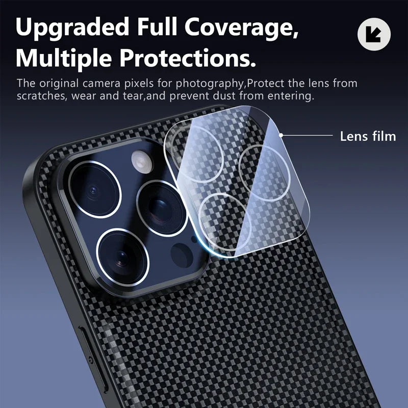 Luxury Matte Carbon Fibre Texture Glass Lens Protection Phone Case for iPhone 17 16 15 14 13 Pro Max Anti-drop Shockproof Cover