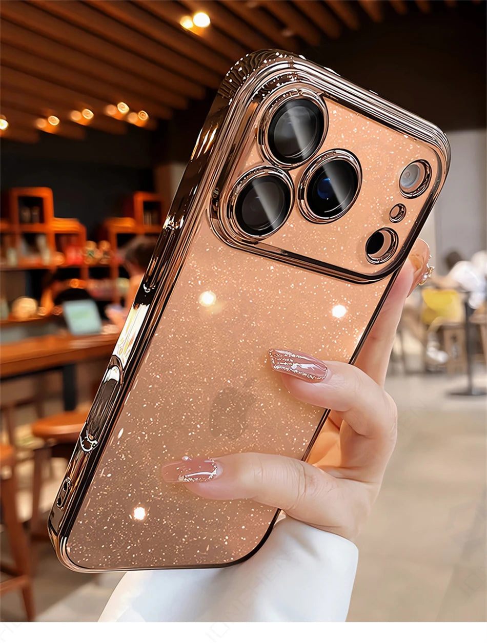 Luxury Transparent Glitter Clear Slim Case For iPhone  15 16 17 Pro Max Orange Pating Bumper Lens Glass Hard Cover