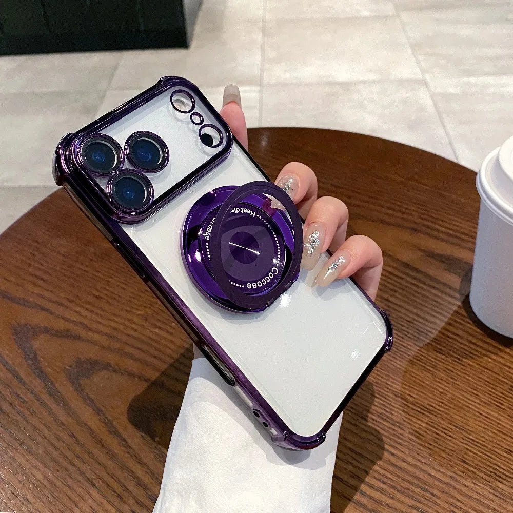 Rotating Stand Wireless Charge Clear Case For iPhone 17 Air 16E 15 14 Plus Pro Max Four Corner Enhance Shockproof Cover