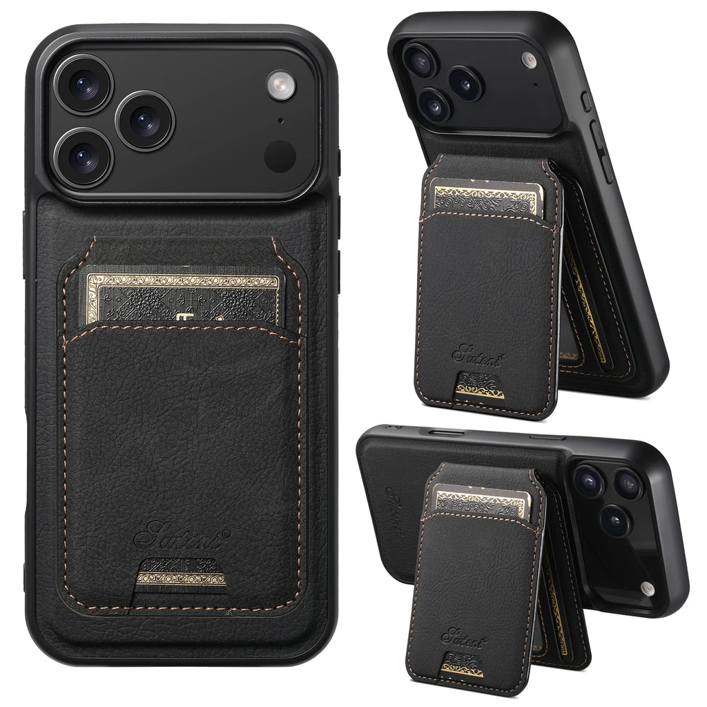 SUTENI Wireless Charging Phone Case Magnet Card Holder Stand Faux Leather For iPhone 17 Pro Max 16 Plus 15 14 13 12