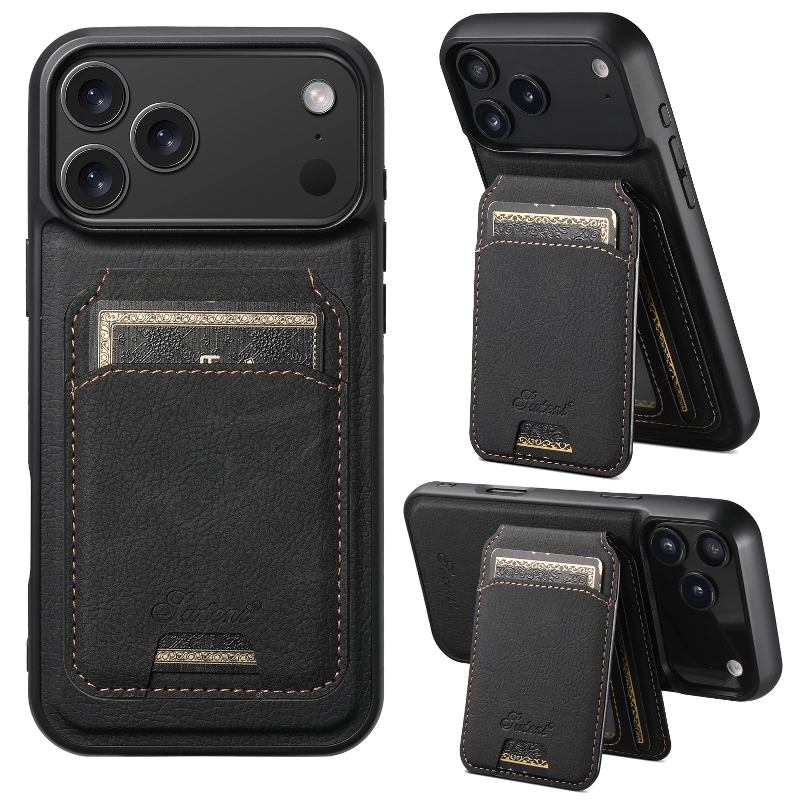 SUTENI Wireless Charging Phone Case Magnet Card Holder Stand Faux Leather For iPhone 17 Pro Max 16 Plus 15 14 13 12