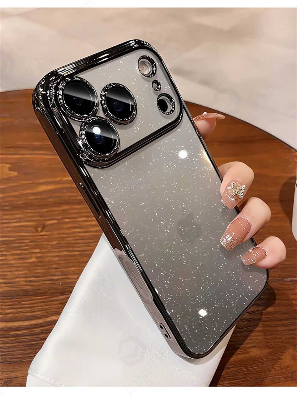Luxury Transparent Glitter Clear Slim Case For iPhone  15 16 17 Pro Max Orange Pating Bumper Lens Glass Hard Cover