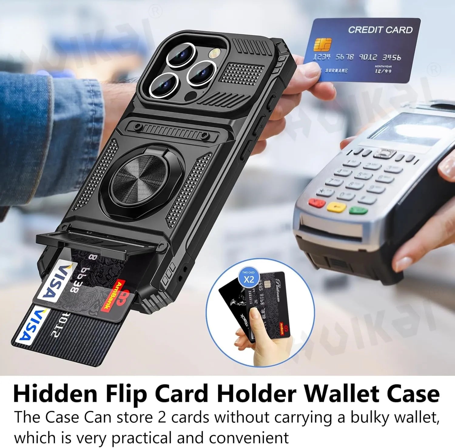 Case For iPhone 17 Pro Max 16 Pro 15 Pro Max Card Holder Magnetic Rotated Ring Kickstand Layer Heavy Shockproof Wallet Covers