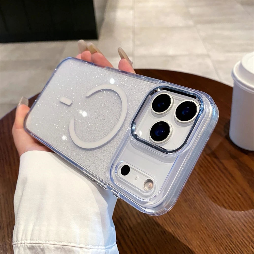 Glitter Magnetic Wireless Charging Candy Color Case for iPhone 17 Pro Max 17 Air for Magsafe Metal Lens Frame Bling Cover Funda