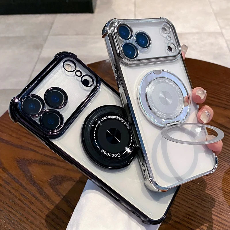 Rotating Stand Wireless Charge Clear Case For iPhone 17 Air 16E 15 14 Plus Pro Max Four Corner Enhance Shockproof Cover