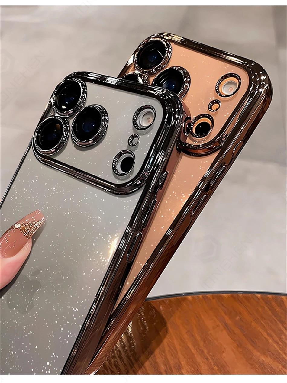 Luxury Transparent Glitter Clear Slim Case For iPhone  15 16 17 Pro Max Orange Pating Bumper Lens Glass Hard Cover