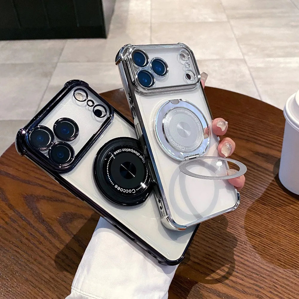 Rotating Stand Wireless Charge Clear Case For iPhone 17 Air 16E 15 14 Plus Pro Max Four Corner Enhance Shockproof Cover