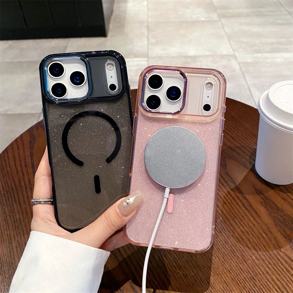 Glitter Magnetic Wireless Charging Candy Color Case for iPhone 17 Pro Max 17 Air for Magsafe Metal Lens Frame Bling Cover Funda