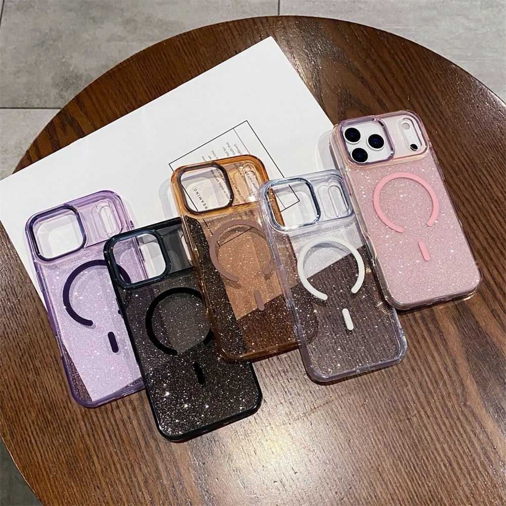 Glitter Magnetic Wireless Charging Candy Color Case for iPhone 17 Pro Max 17 Air for Magsafe Metal Lens Frame Bling Cover Funda