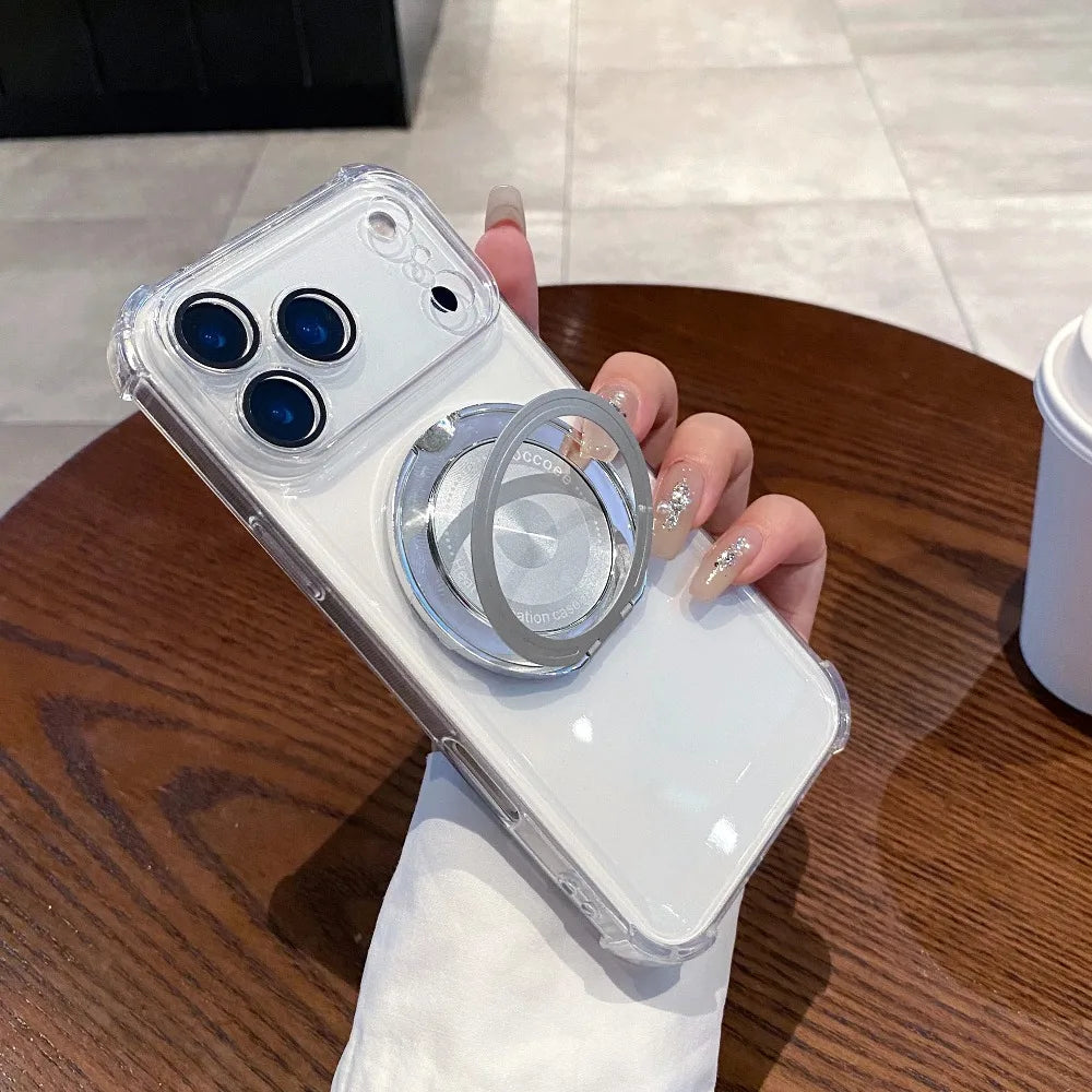 Rotating Stand Wireless Charge Clear Case For iPhone 17 Air 16E 15 14 Plus Pro Max Four Corner Enhance Shockproof Cover