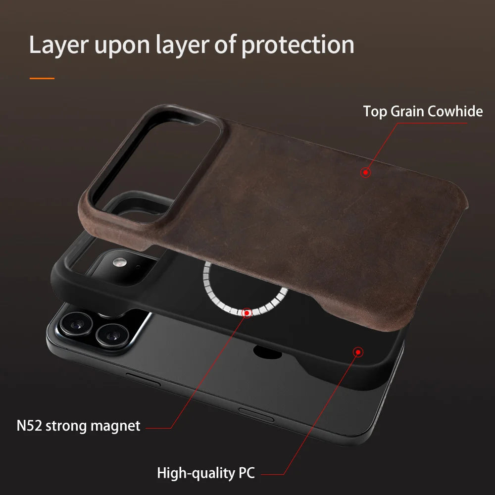 for Magsafe Case for iPhone 15 16 17 Pro Max 17Pro 17 Air 16Pro Retro Luxury Genuine PULL-UP Leather Magnetic Phone Back Cover